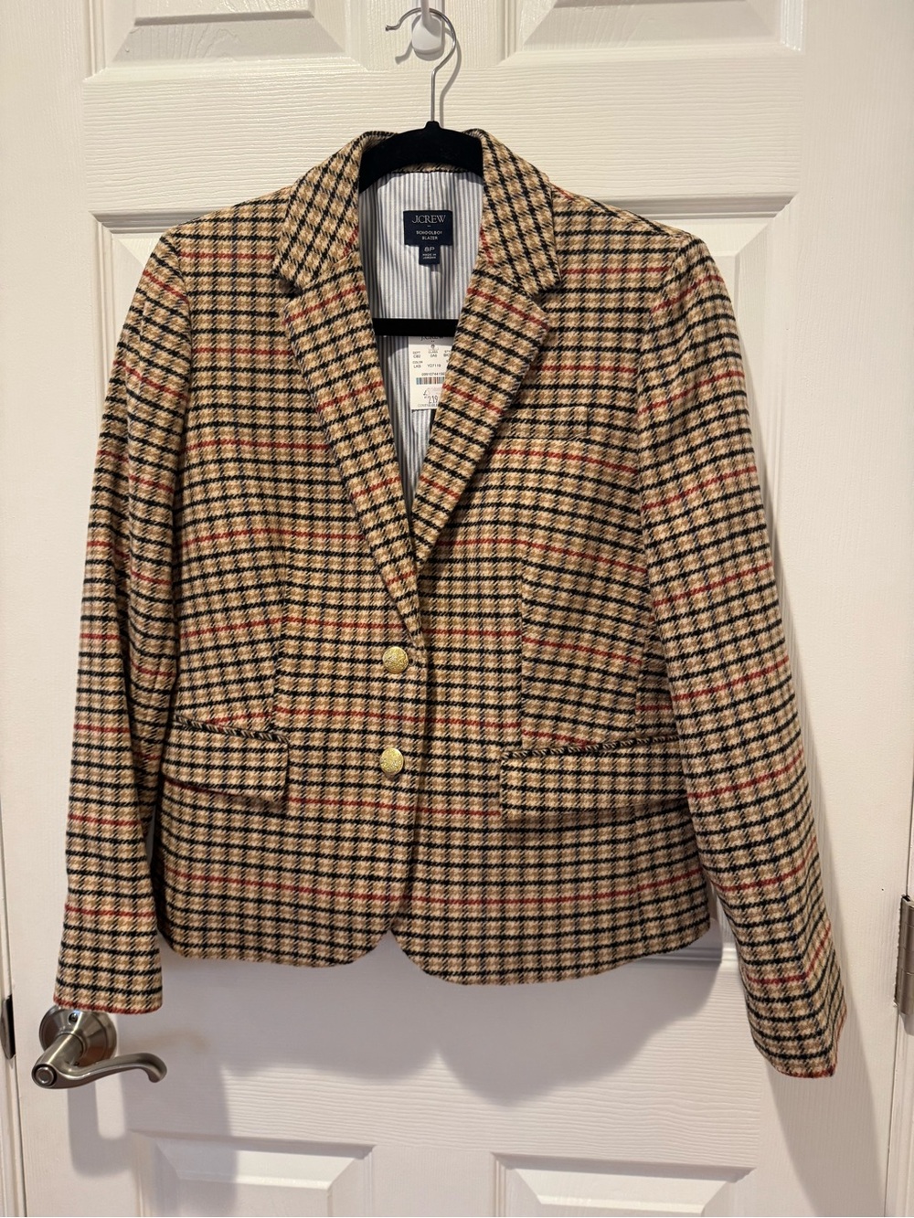 J. Crew Plaid Wool-Blend School Boy Blazer in Tan, Black & Red Plaid
